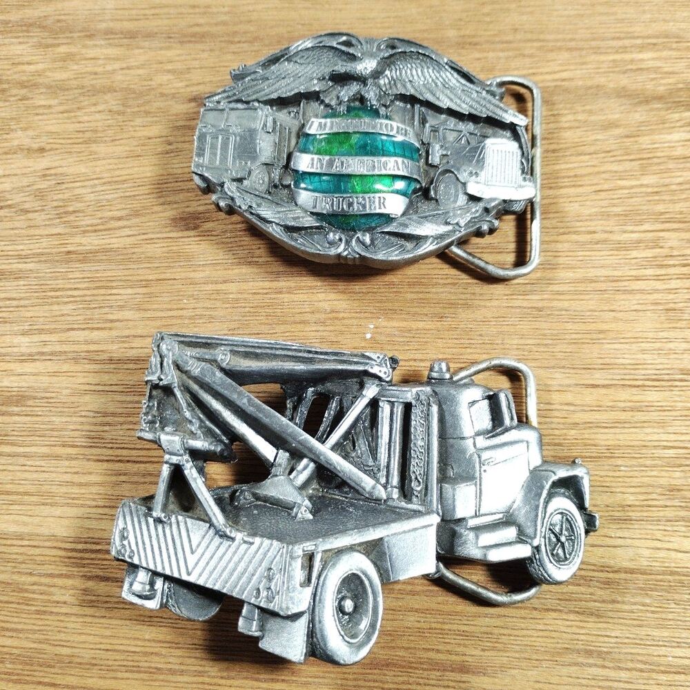TWO Bergamot Brass Works Tow Truck Wrecker Belt Buckle Trucker 1980s Vintage